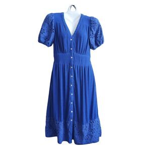 Knox Rose Cobalt Eyelet Puff Sleeve Midi Dress Empire Basque Waist Regency S